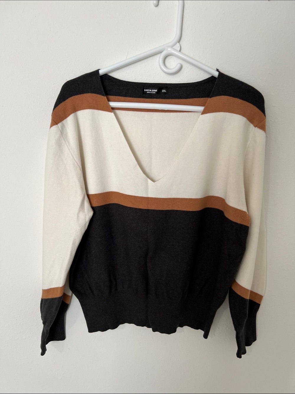 Cream and Black V-Neck Stripe Sweater